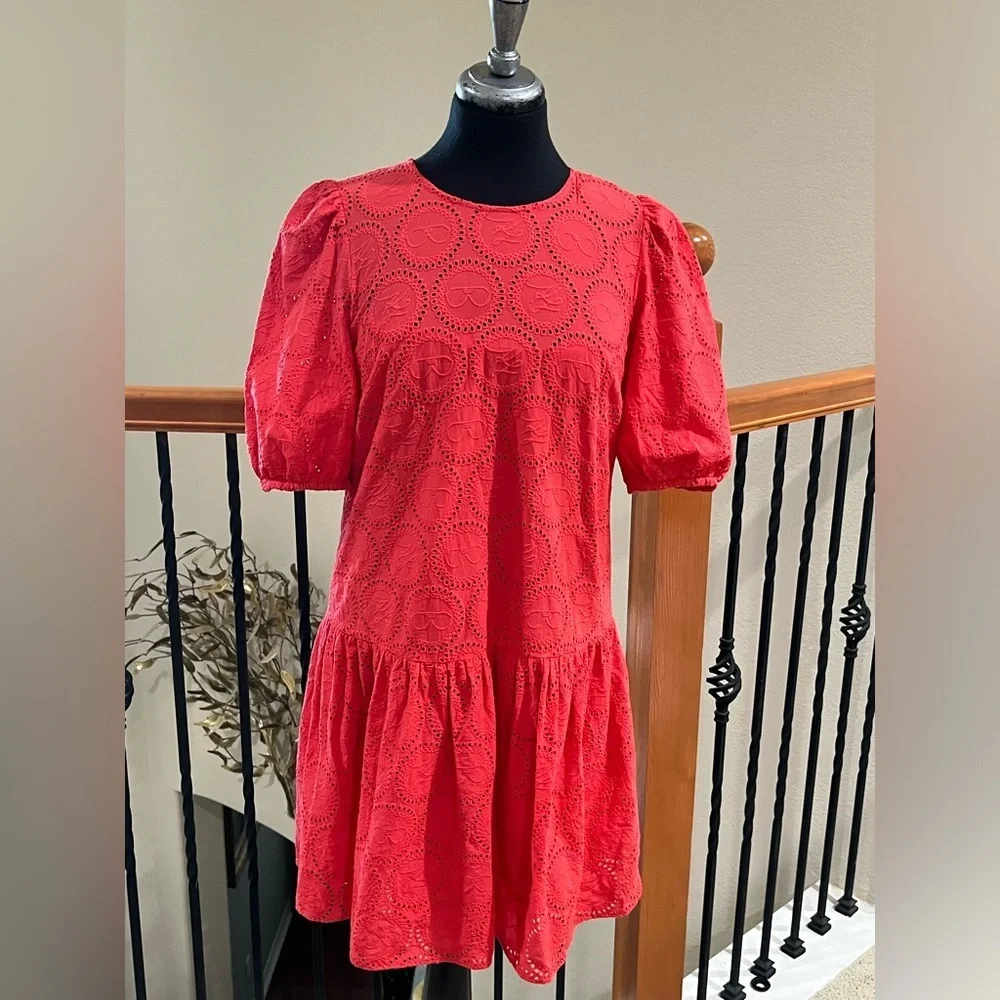 Karl Lagerfeld PARIS CIRCLE ICON CORAL EYELET MINI PUFF SLEEVE DRESS SIZE 8